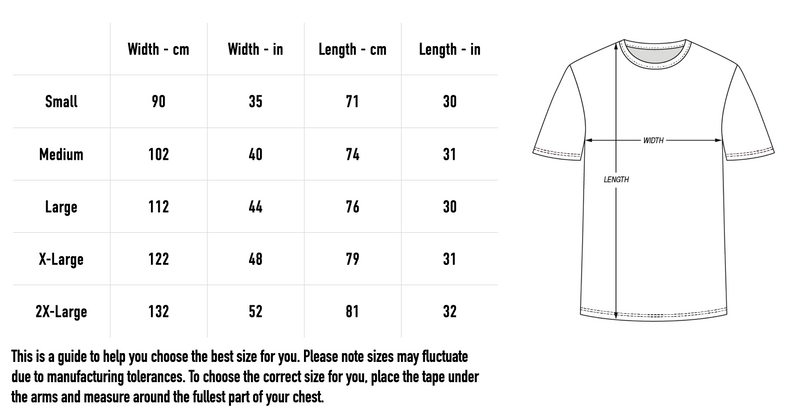 Size chart for Galactic Snapshots Tie-dye T-shirt