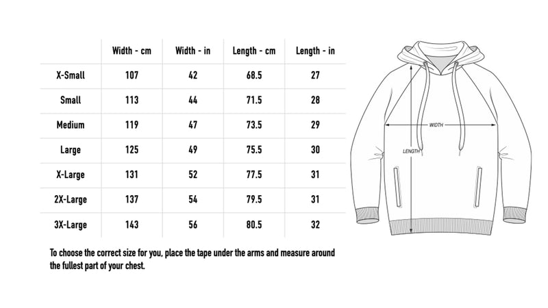 Size chart for Experiment Hoodie - Black